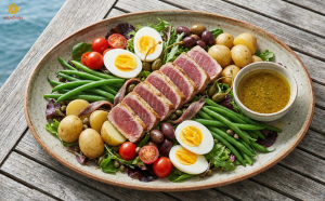 Nó có sự kết hợp giữa các nguyên liệu tươi và các hương vị đậm đà từ cá ngừ và oliu