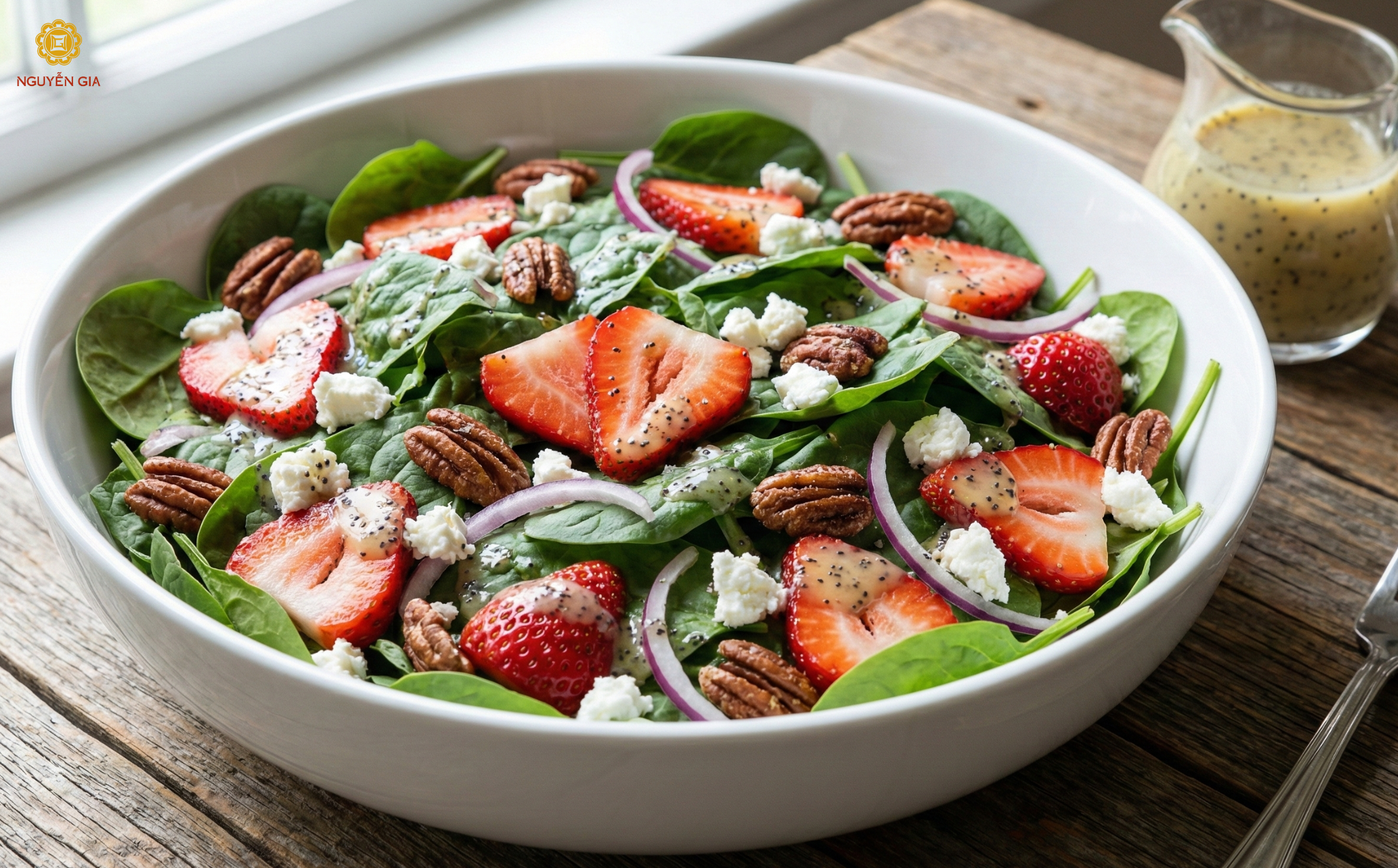 Salad này mang lại sự kết hợp tuyệt vời giữa vị ngọt của dâu tây và vị đắng nhẹ của rau chân vịt