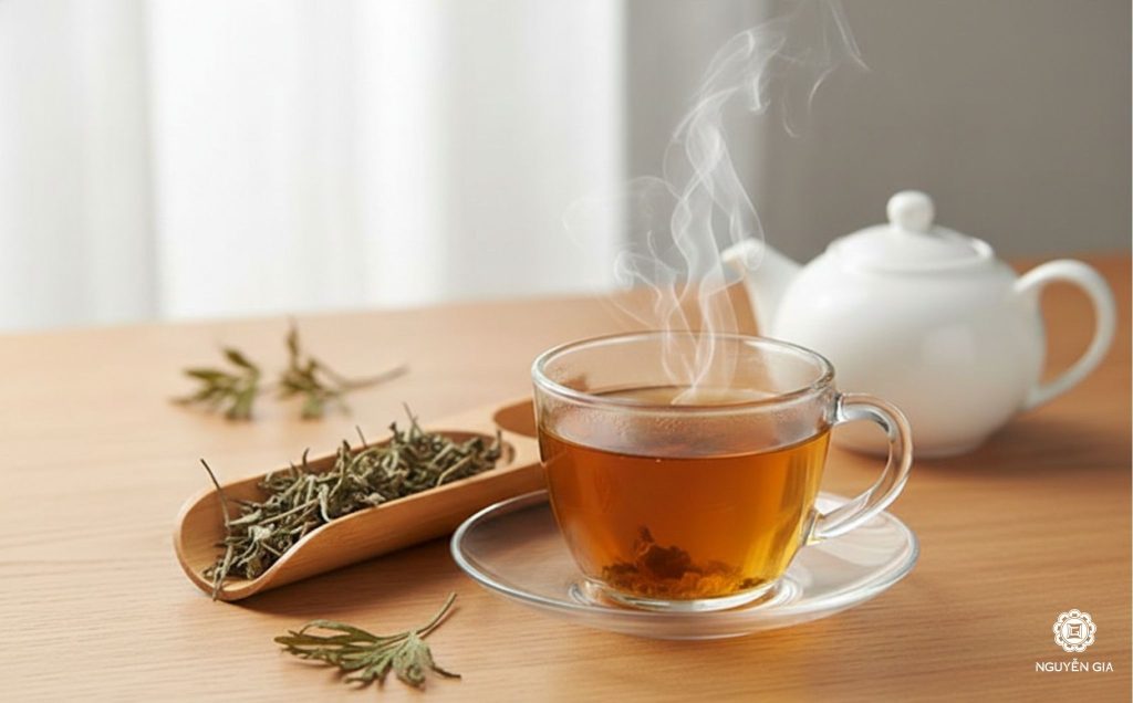 Sử dụng ngải cứu khô để pha trà là phương pháp phổ biến nhất giúp cơ thể hấp thụ dưỡng chất một cách nhẹ nhàng và hiệu quả