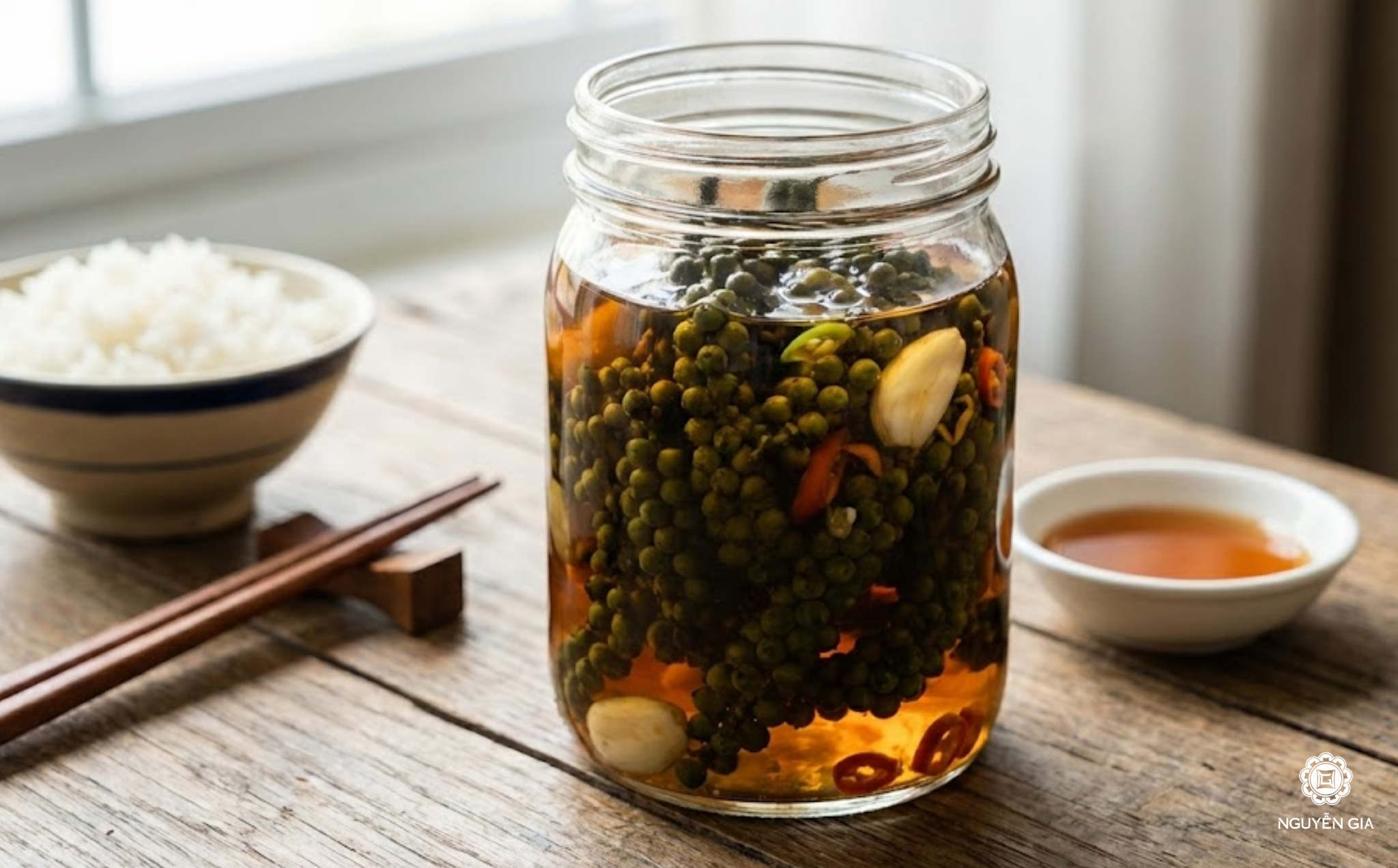 Đổ hỗn hợp nước mắm đã nguội vào sao cho ngập hoàn toàn bề mặt tiêu