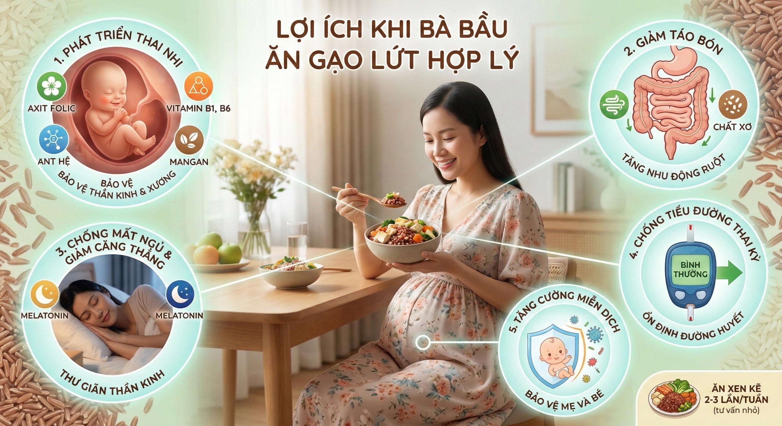 Gạo lứt có chỉ số đường huyết thấp hơn so với gạo trắng, giúp mẹ bầu duy trì đường huyết ổn định